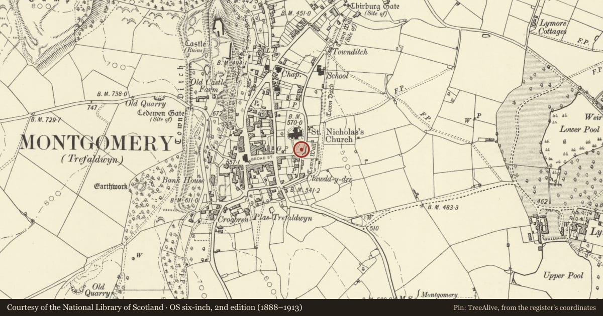 Ordnance Survey six-inch map, 2nd edition (1888–1913) covering the location of Humphreys Memorial in churchyard, Montgomery, Powys, with a pin at the register's coordinates