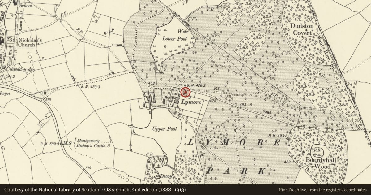 Ordnance Survey six-inch map, 2nd edition (1888–1913) covering the location of Lymore Gardens, Montgomery, Powys, with a pin at the register's coordinates