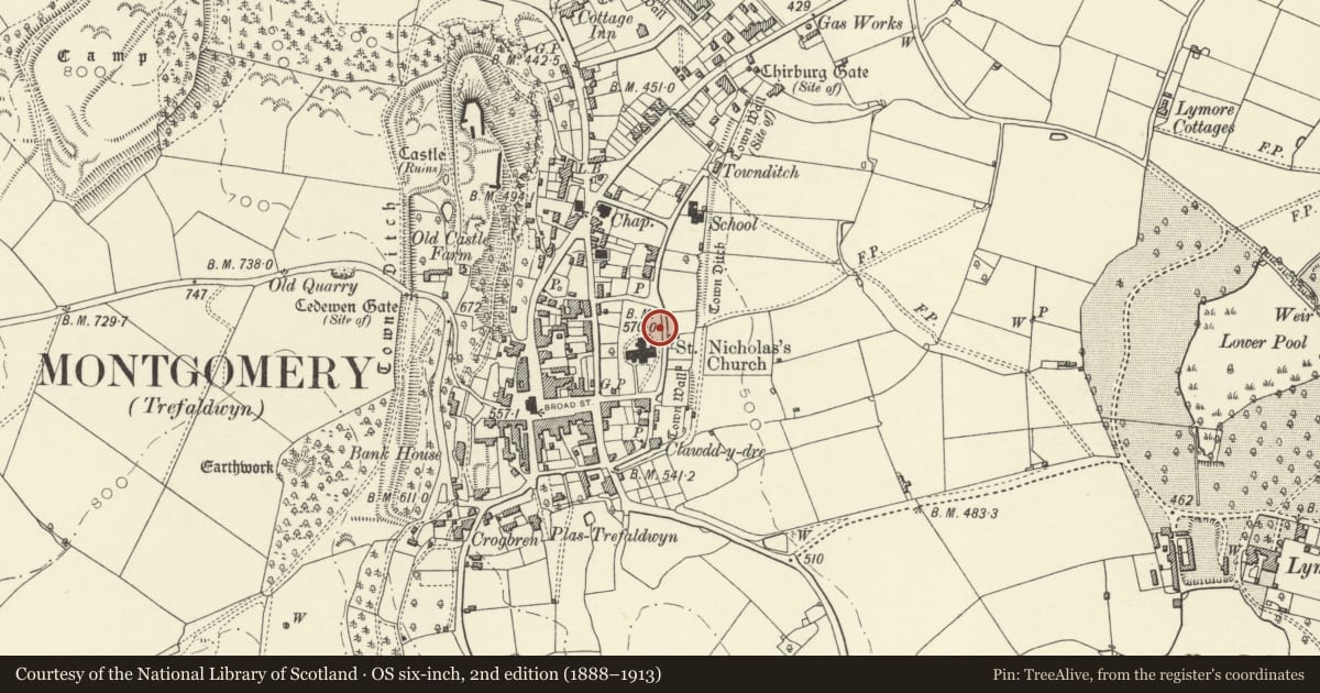 Ordnance Survey six-inch map, 2nd edition (1888–1913) covering the location of Marianne Lloyd memorial in churchyard, Montgomery, Powys, with a pin at the register's coordinates