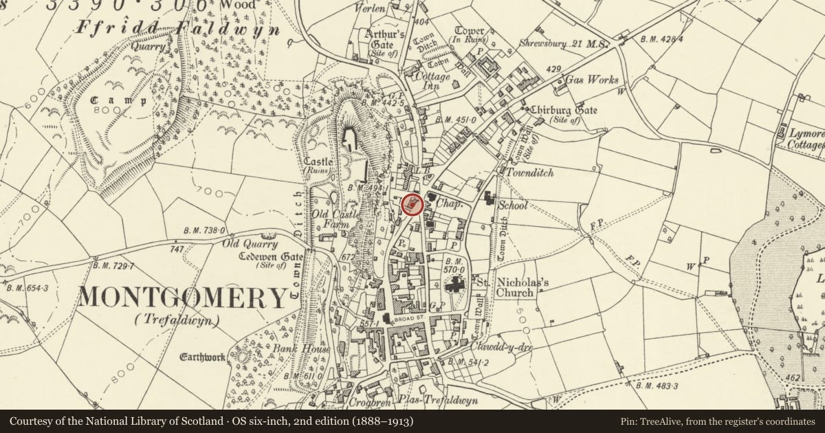 Ordnance Survey six-inch map, 2nd edition (1888–1913) covering the location of No 1 Chapel Place, Montgomery, Powys, with a pin at the register's coordinates