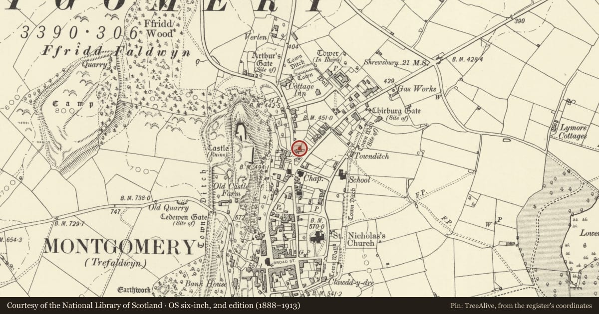 Ordnance Survey six-inch map, 2nd edition (1888–1913) covering the location of No. 3 Cross Houses, Montgomery, Powys, with a pin at the register's coordinates