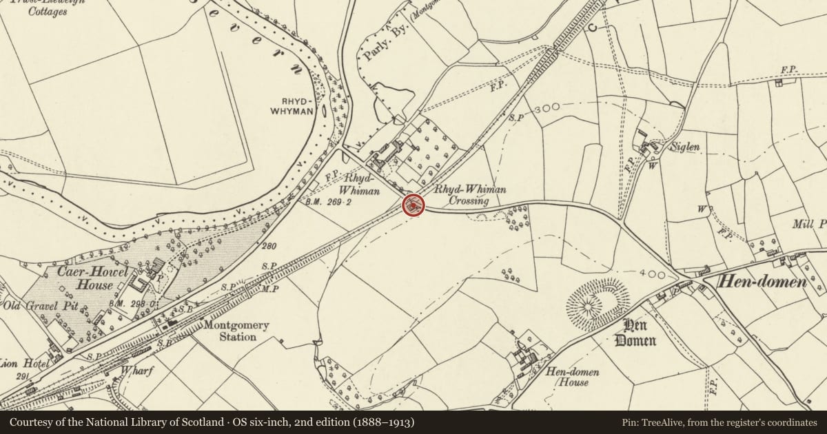 Ordnance Survey six-inch map, 2nd edition (1888–1913) covering the location of Rhydwhiman Crossing Cottage, Montgomery, Powys, with a pin at the register's coordinates