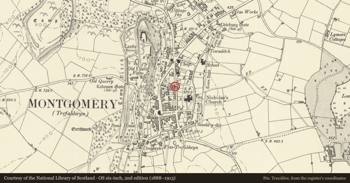 Ordnance Survey six-inch map, 2nd edition (1888–1913) covering the location of Saddlers House, Montgomery, Powys, with a pin at the register's coordinates