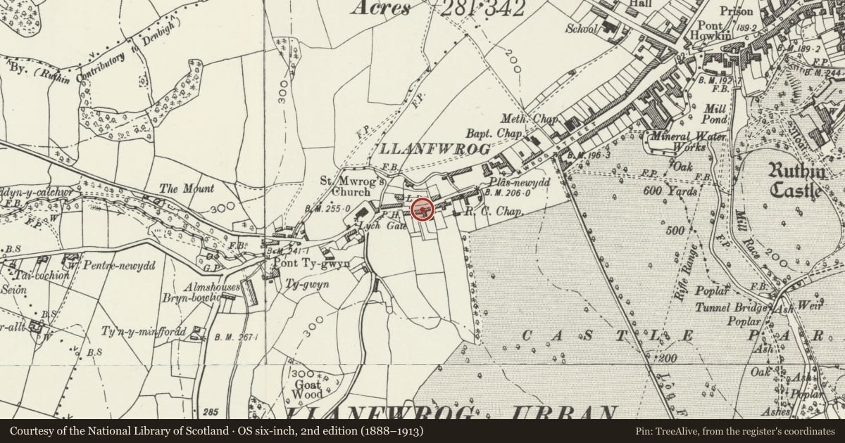 Ordnance Survey six-inch map, 2nd edition (1888–1913) covering the location of 147 Mwrog Street, Ruthin, Denbighshire, with a pin at the register's coordinates