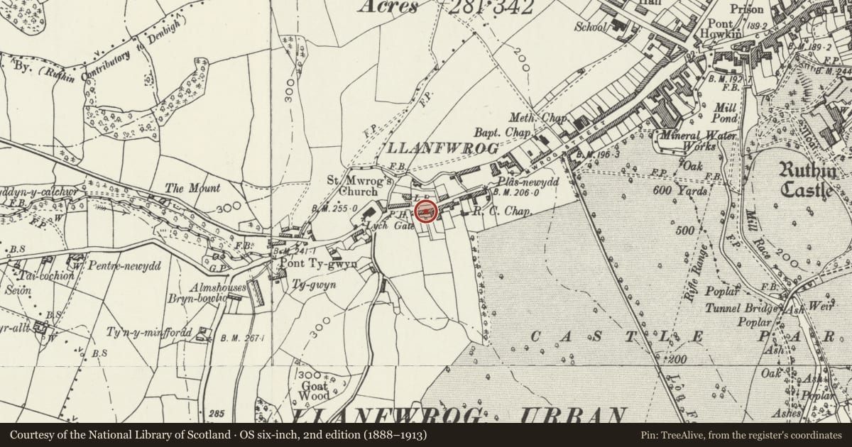 Ordnance Survey six-inch map, 2nd edition (1888–1913) covering the location of 149 Mwrog Street, Ruthin, Denbighshire, with a pin at the register's coordinates