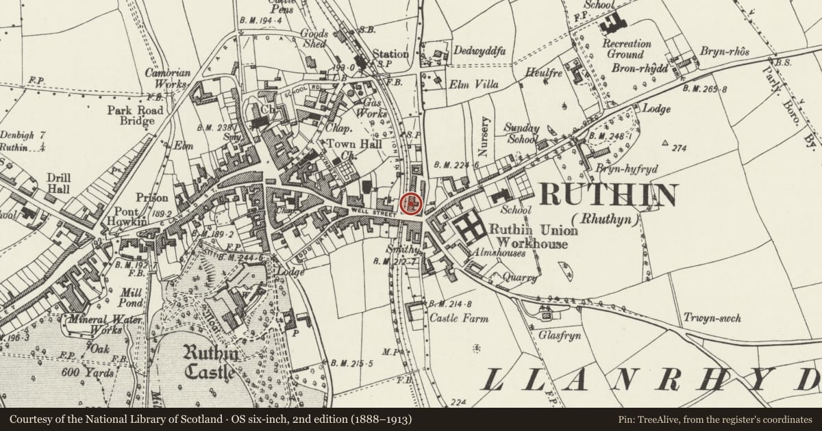 Ordnance Survey six-inch map, 2nd edition (1888–1913) covering the location of 2 Railway Terrace, Ruthin, Denbighshire, with a pin at the register's coordinates