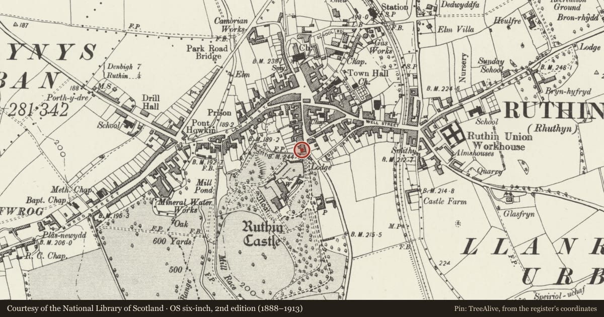 Ordnance Survey six-inch map, 2nd edition (1888–1913) covering the location of 22 Castle Street, Ruthin, Denbighshire, with a pin at the register's coordinates