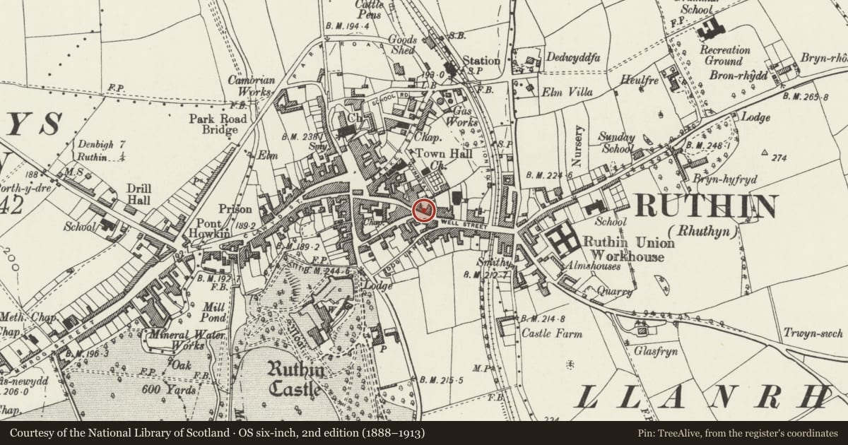 Ordnance Survey six-inch map, 2nd edition (1888–1913) covering the location of 23 Well Street, Ruthin, Denbighshire, with a pin at the register's coordinates
