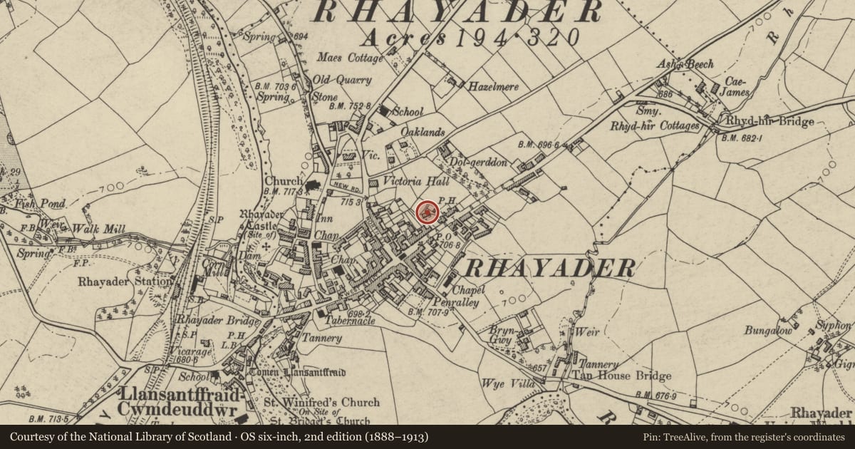 Ordnance Survey six-inch map, 2nd edition (1888–1913) covering the location of The Mount, Rhayader, Powys, with a pin at the register's coordinates