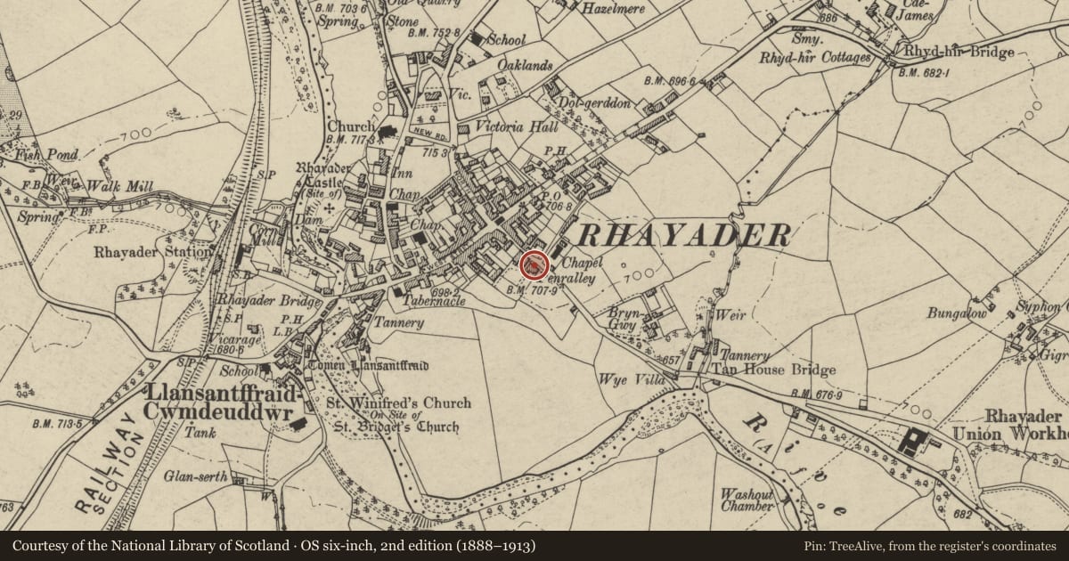 Ordnance Survey six-inch map, 2nd edition (1888–1913) covering the location of Penrally House including forecourt railings, Rhayader, Powys, with a pin at the register's coordinates