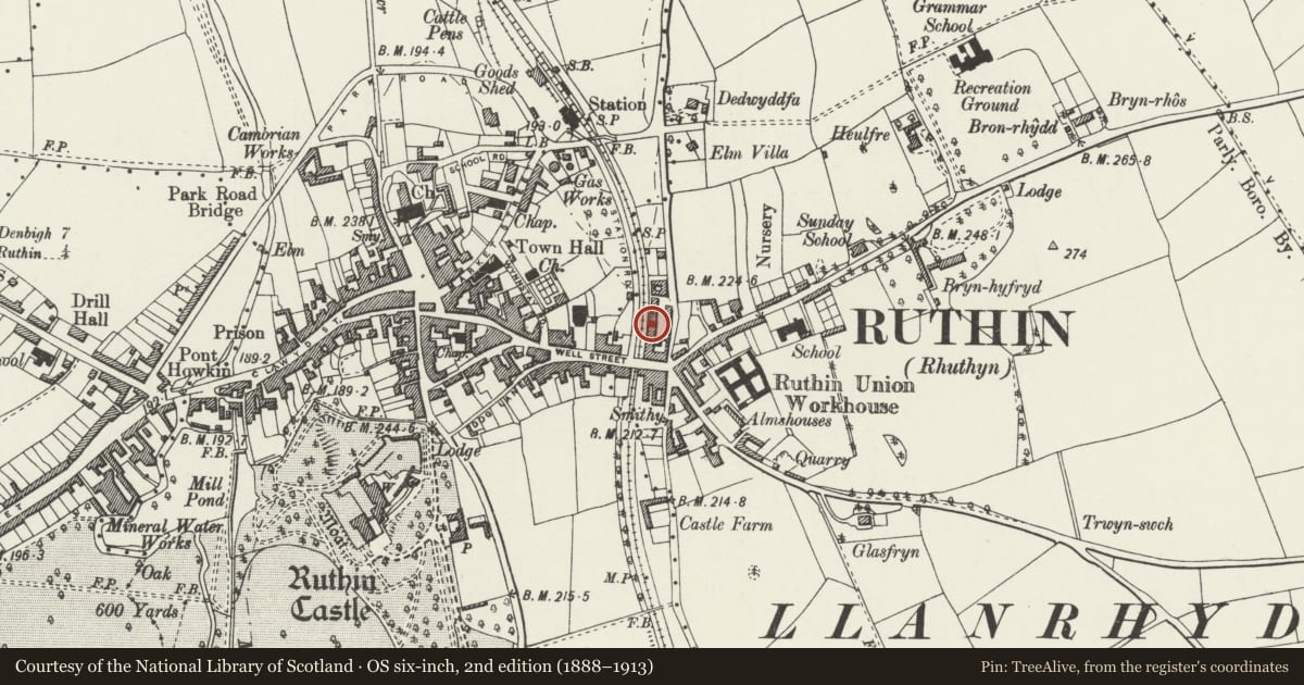 Ordnance Survey six-inch map, 2nd edition (1888–1913) covering the location of 7 Railway Terrace, Ruthin, Denbighshire, with a pin at the register's coordinates