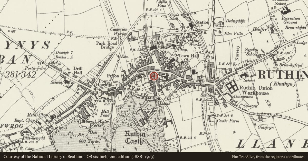 Ordnance Survey six-inch map, 2nd edition (1888–1913) covering the location of 6-8 Castle Street, Ruthin, Denbighshire, with a pin at the register's coordinates