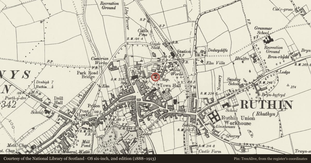 Ordnance Survey six-inch map, 2nd edition (1888–1913) covering the location of Bathafarn House, Ruthin, Denbighshire, with a pin at the register's coordinates