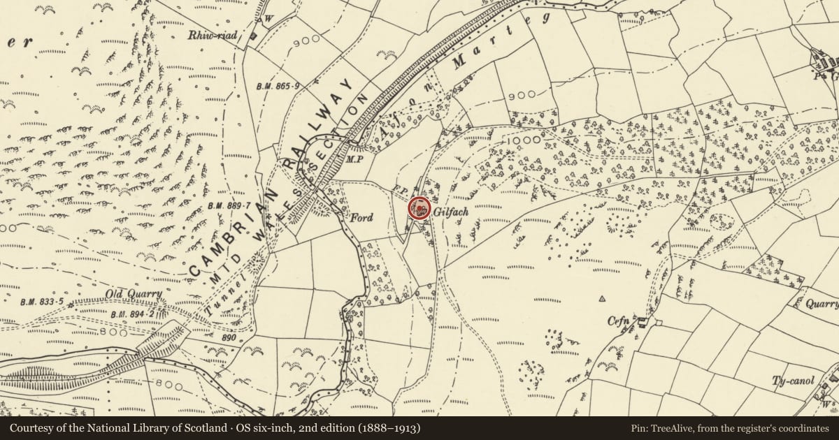 Ordnance Survey six-inch map, 2nd edition (1888–1913) covering the location of Gilfach farmhouse including attached former cow house, St. Harmon, Powys, with a pin at the register's coordinates