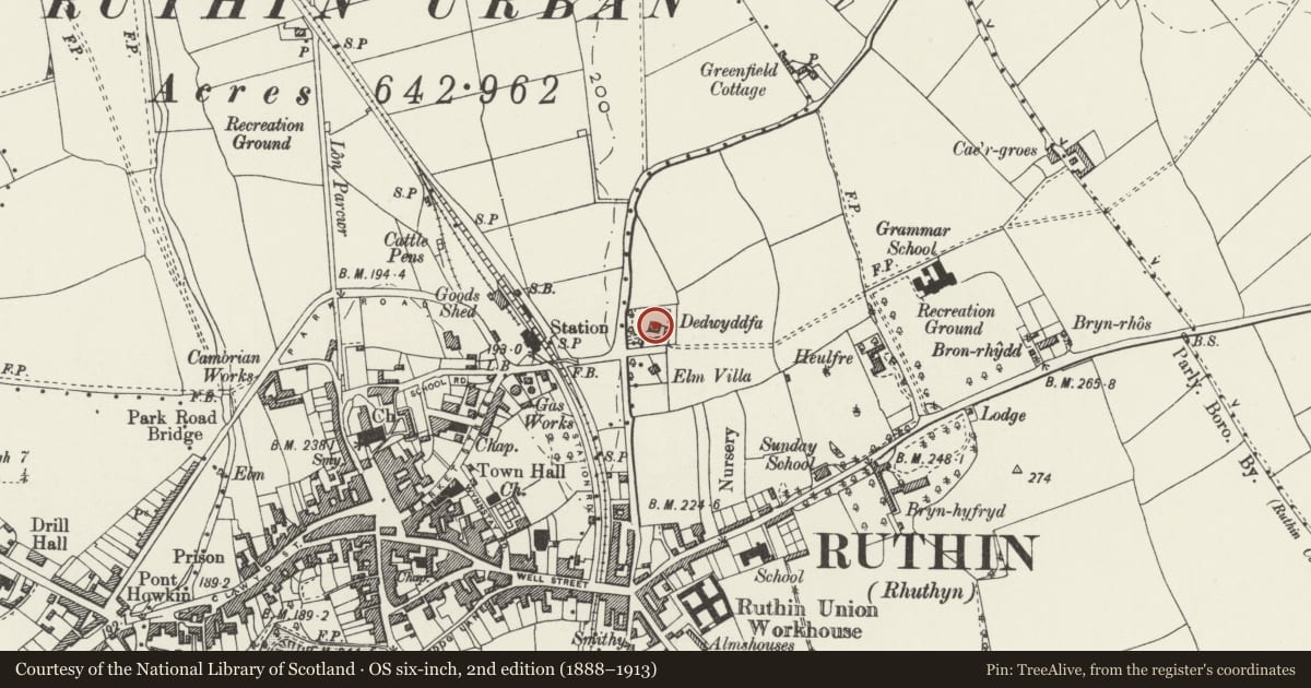 Ordnance Survey six-inch map, 2nd edition (1888–1913) covering the location of Dedwyddfa, Ruthin, Denbighshire, with a pin at the register's coordinates