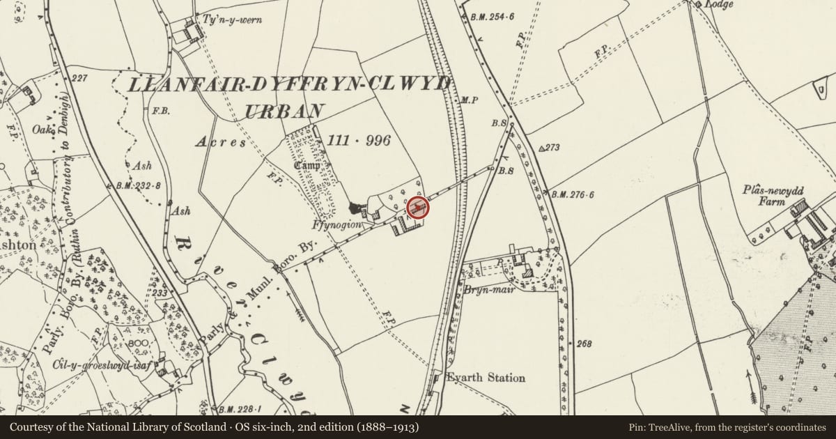Ordnance Survey six-inch map, 2nd edition (1888–1913) covering the location of Farm building including Cart-shed, N side of farmyard, Ffynogion, Ruthin, Denbighshire, with a pin at the register's coordinates