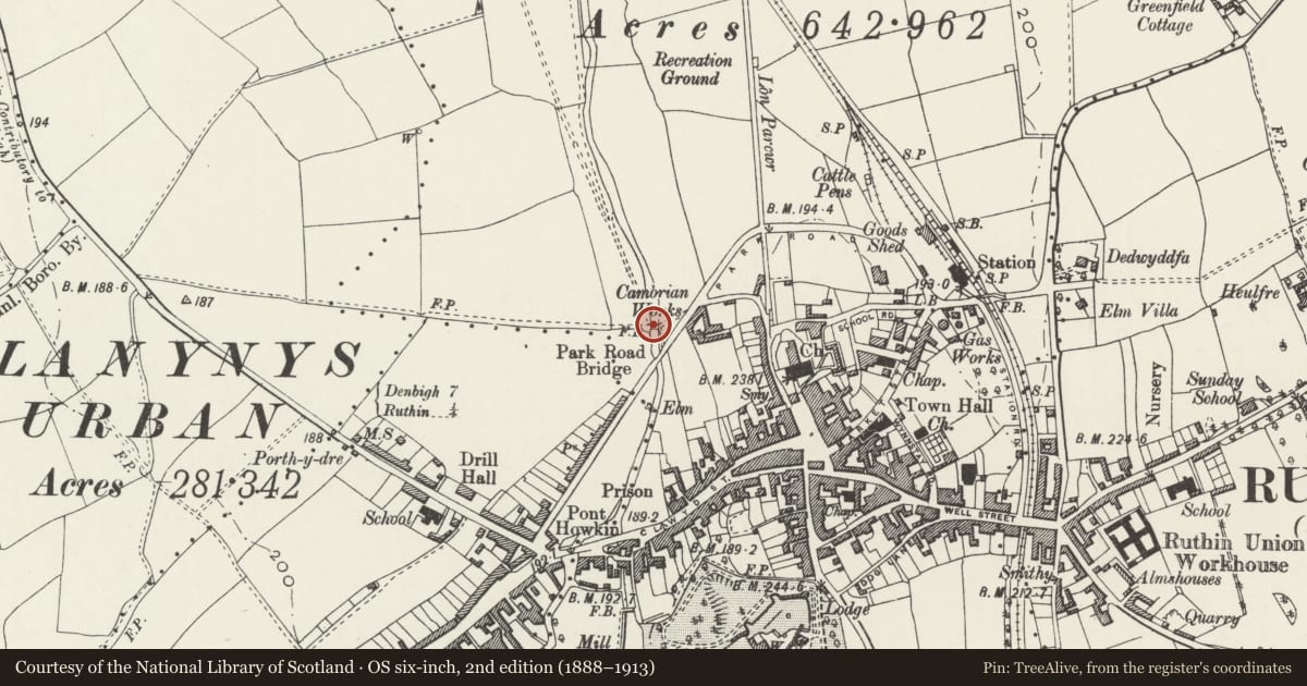 Ordnance Survey six-inch map, 2nd edition (1888–1913) covering the location of Footbridge over River Clwyd, Ruthin, Denbighshire, with a pin at the register's coordinates