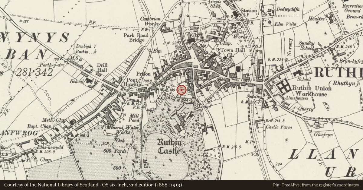 Ordnance Survey six-inch map, 2nd edition (1888–1913) covering the location of Gazebo to rear of the Coach House, Ruthin, Denbighshire, with a pin at the register's coordinates
