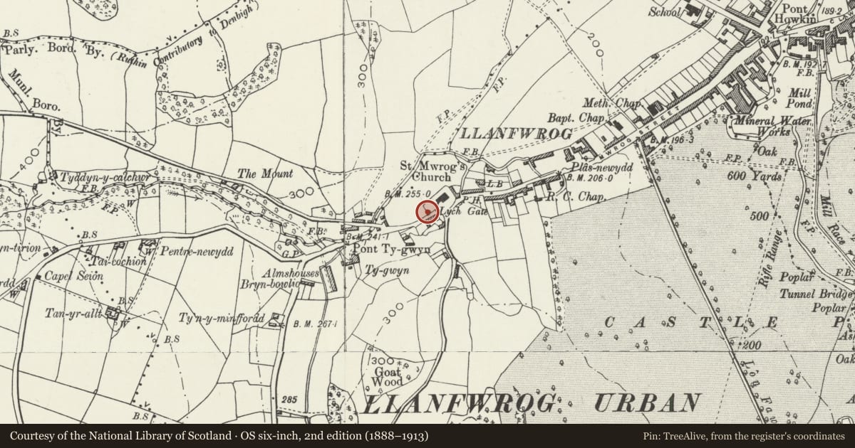 Ordnance Survey six-inch map, 2nd edition (1888–1913) covering the location of Hearse House in St Mwrog's Churchyard, Ruthin, Denbighshire, with a pin at the register's coordinates