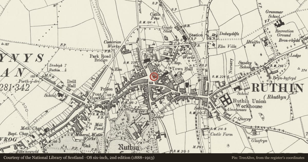 Ordnance Survey six-inch map, 2nd edition (1888–1913) covering the location of HSBC Bank, Ruthin, Denbighshire, with a pin at the register's coordinates