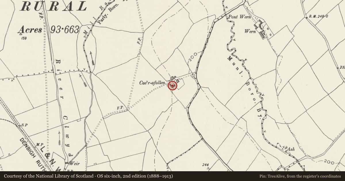 Ordnance Survey six-inch map, 2nd edition (1888–1913) covering the location of L-shaped farm ranges, S & W sides of farmyard, Caer'afallen, Ruthin, Denbighshire, with a pin at the register's coordinates