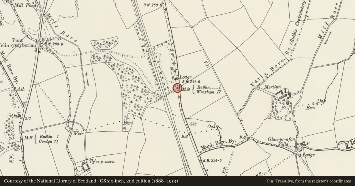 Ordnance Survey six-inch map, 2nd edition (1888–1913) covering the location of Milestone, Ruthin, Denbighshire, with a pin at the register's coordinates