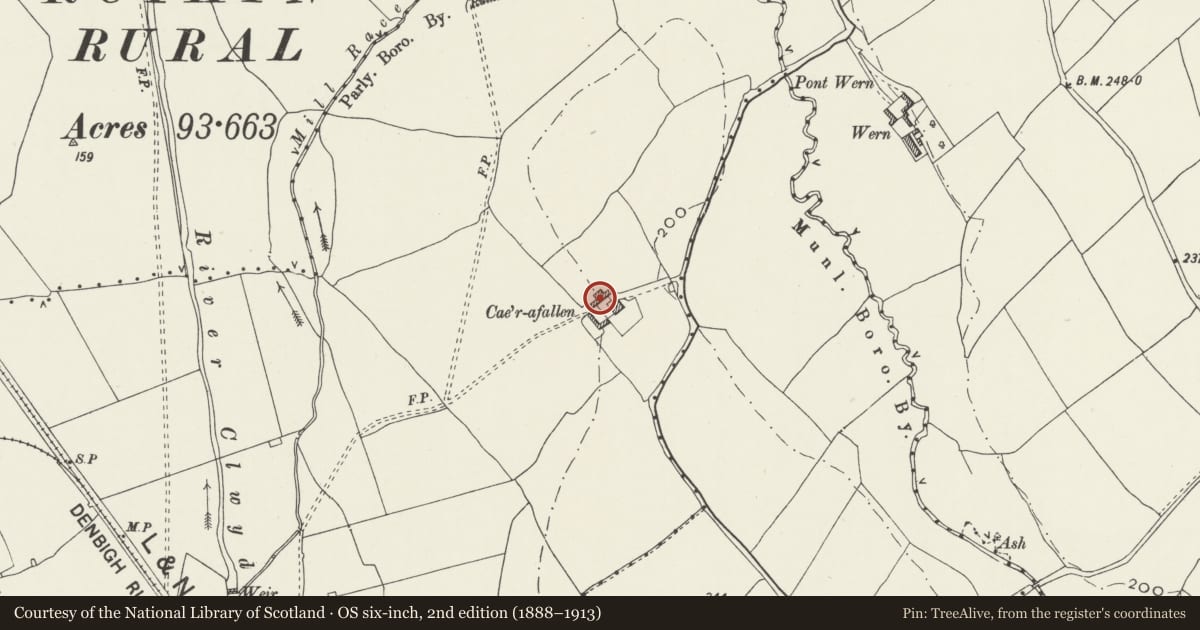 Ordnance Survey six-inch map, 2nd edition (1888–1913) covering the location of Multi-purpose farm building, N side of farmyard, Caer'afallen, Ruthin, Denbighshire, with a pin at the register's coordinates