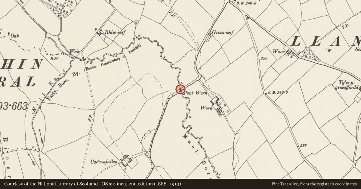 Ordnance Survey six-inch map, 2nd edition (1888–1913) covering the location of Pont y Wern (partly in Llanbedr Dyffryn Clwyd community), Ruthin, Denbighshire, with a pin at the register's coordinates