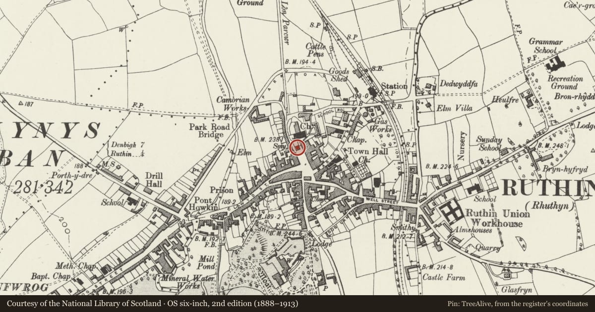 Ordnance Survey six-inch map, 2nd edition (1888–1913) covering the location of Post Office, Ruthin, Denbighshire, with a pin at the register's coordinates
