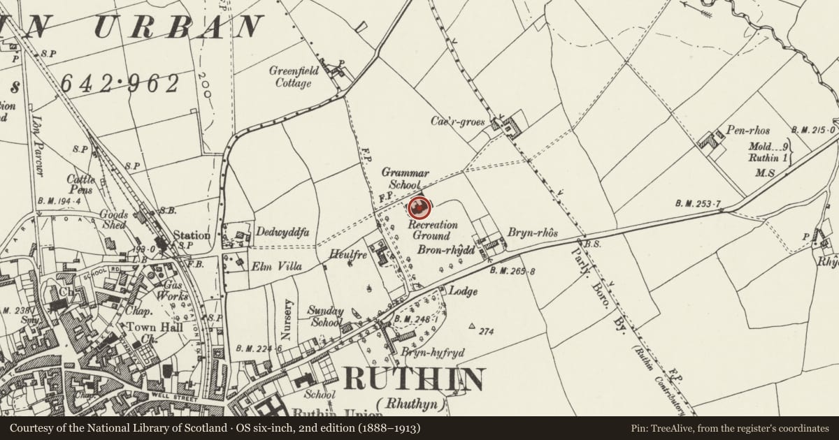 Ordnance Survey six-inch map, 2nd edition (1888–1913) covering the location of Ruthin School, Denbighshire, with a pin at the register's coordinates