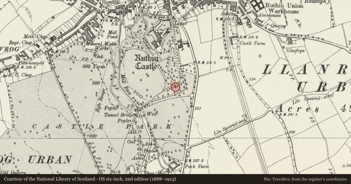 Ordnance Survey six-inch map, 2nd edition (1888–1913) covering the location of Scott House, Ruthin, Denbighshire, with a pin at the register's coordinates
