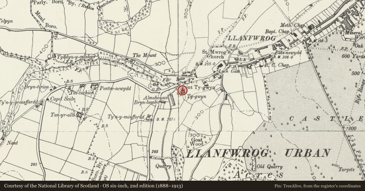 Ordnance Survey six-inch map, 2nd edition (1888–1913) covering the location of Ty Gwyn, Ruthin, Denbighshire, with a pin at the register's coordinates