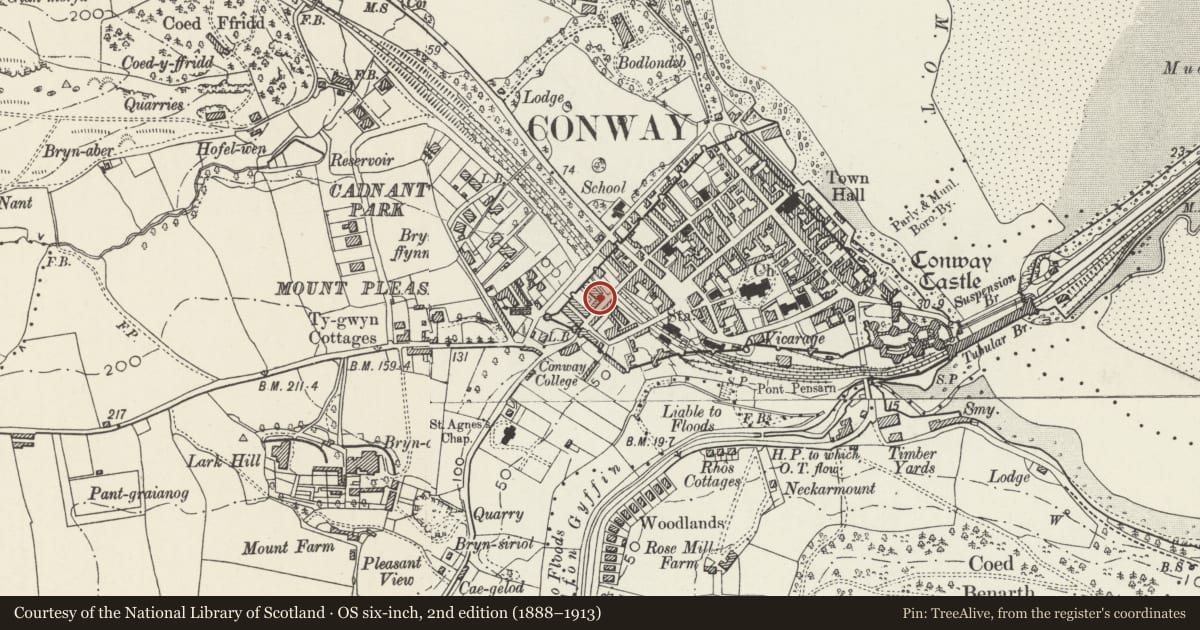 Ordnance Survey six-inch map, 2nd edition (1888–1913) covering the location of 1 Newboro Terrace, Conwy, with a pin at the register's coordinates