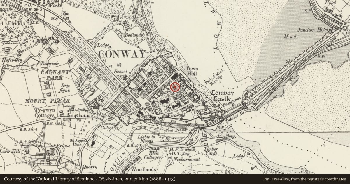 Ordnance Survey six-inch map, 2nd edition (1888–1913) covering the location of House and Lovejoys Antiques, Conwy, with a pin at the register's coordinates