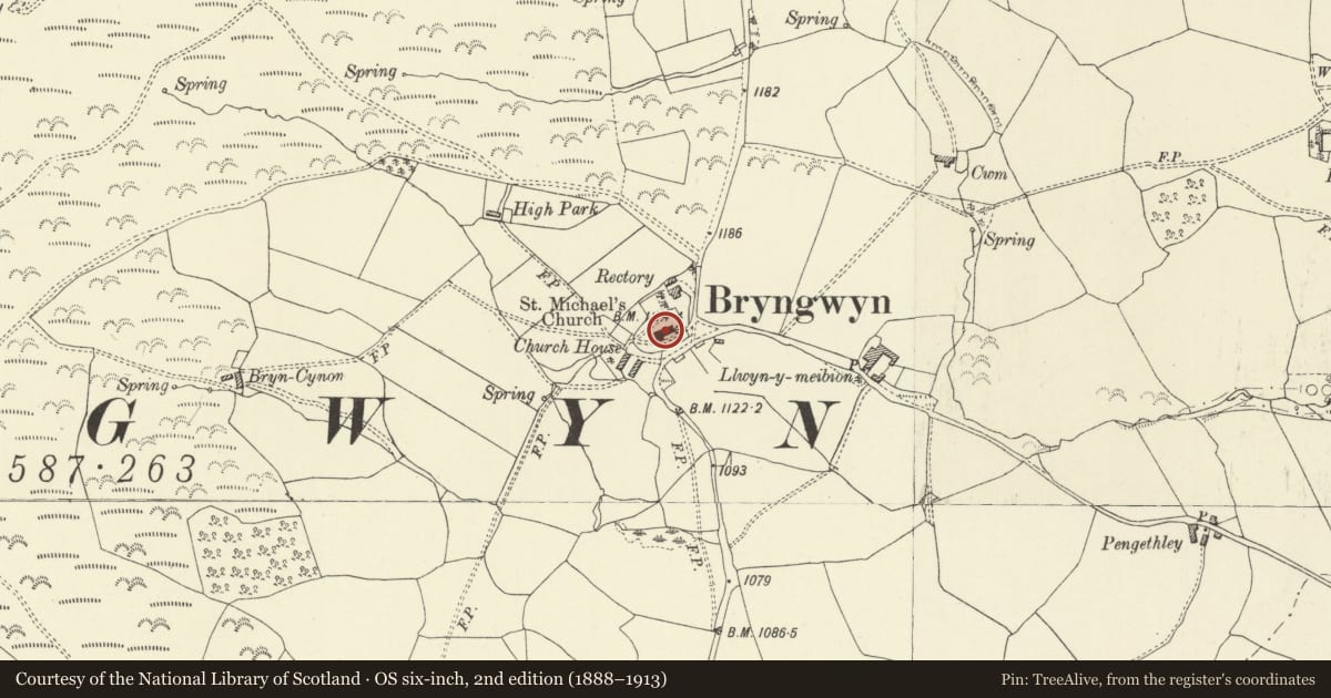 Ordnance Survey six-inch map, 2nd edition (1888–1913) covering the location of Church of St Michael, Painscastle, Powys, with a pin at the register's coordinates