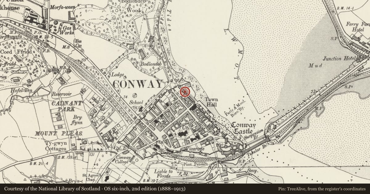 Ordnance Survey six-inch map, 2nd edition (1888–1913) covering the location of 12 Lower Gate Street, Conwy, with a pin at the register's coordinates