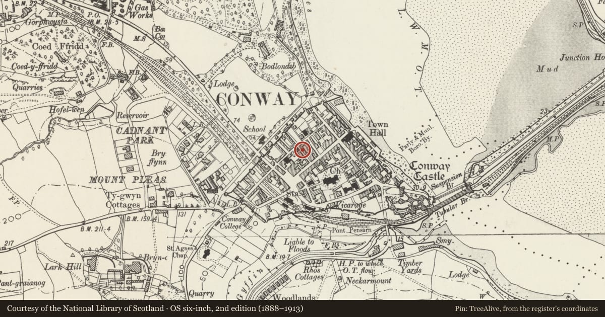 Ordnance Survey six-inch map, 2nd edition (1888–1913) covering the location of 14 Crown Lane, Conwy, with a pin at the register's coordinates