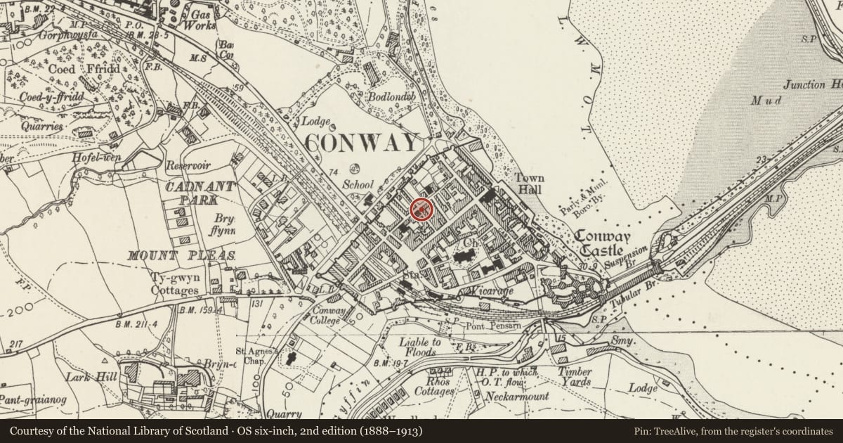 Ordnance Survey six-inch map, 2nd edition (1888–1913) covering the location of 17 Chapel Street, Conwy, with a pin at the register's coordinates