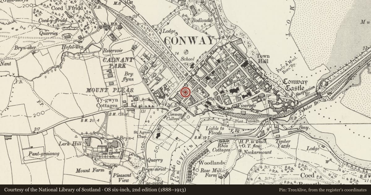 Ordnance Survey six-inch map, 2nd edition (1888–1913) covering the location of 2 Newboro Terrace, Conwy, with a pin at the register's coordinates