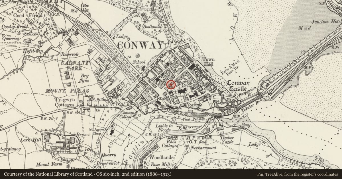 Ordnance Survey six-inch map, 2nd edition (1888–1913) covering the location of Office and The Bookshop, Conwy, with a pin at the register's coordinates