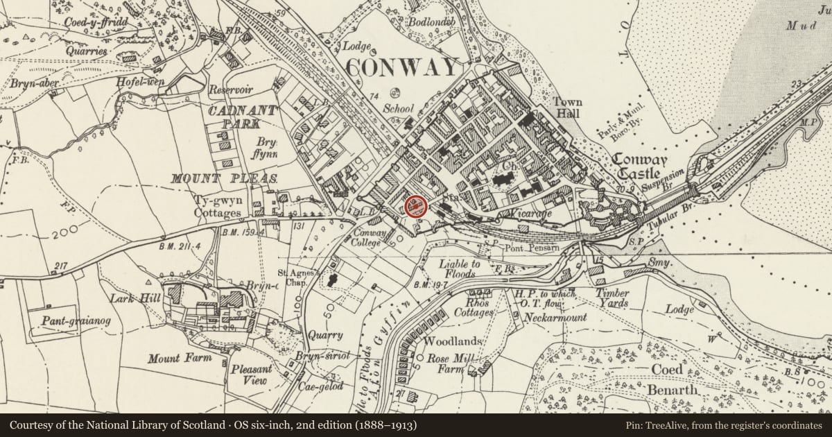Ordnance Survey six-inch map, 2nd edition (1888–1913) covering the location of 3 Rosemary Lane, Conwy, with a pin at the register's coordinates