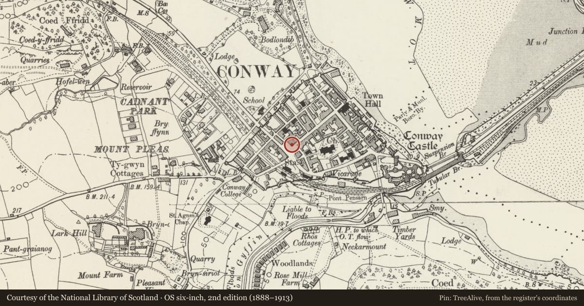 Ordnance Survey six-inch map, 2nd edition (1888–1913) covering the location of House and G.H. Edwards Newsagents, Conwy, with a pin at the register's coordinates