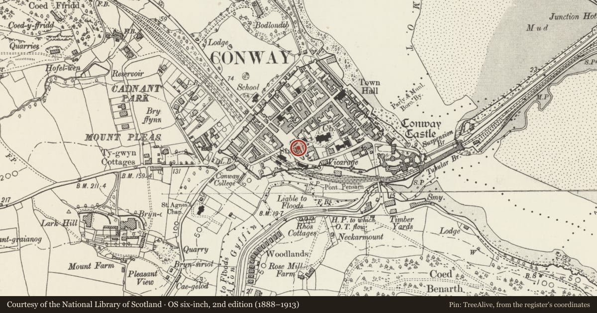 Ordnance Survey six-inch map, 2nd edition (1888–1913) covering the location of 4 Church Street, Conwy, with a pin at the register's coordinates