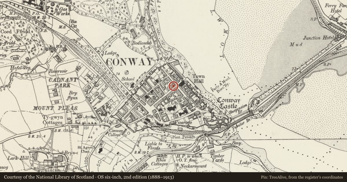 Ordnance Survey six-inch map, 2nd edition (1888–1913) covering the location of House and Bwty Ty-Dre (Town House Restaurant), Conwy, with a pin at the register's coordinates