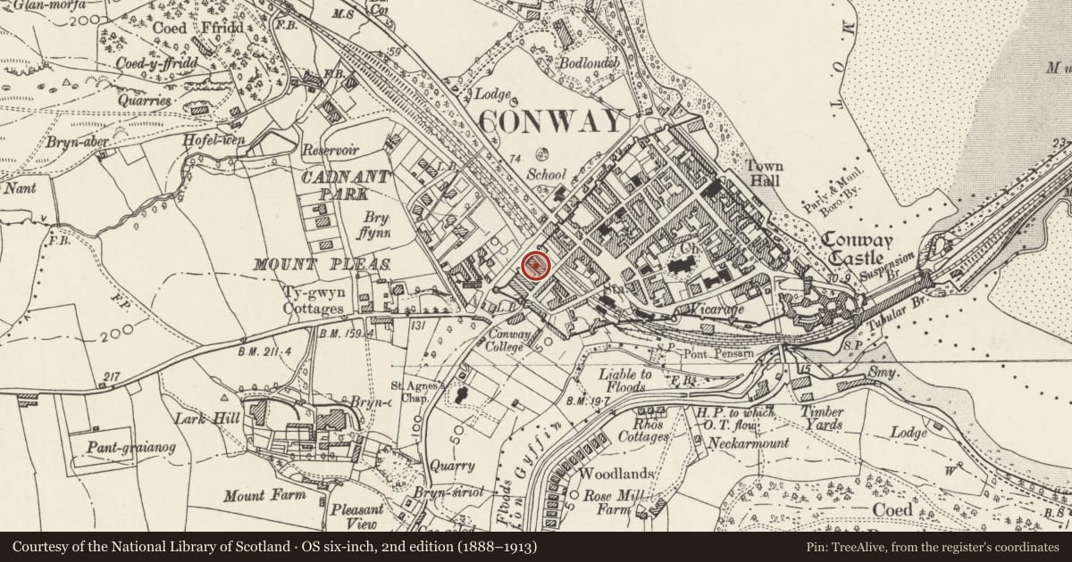 Ordnance Survey six-inch map, 2nd edition (1888–1913) covering the location of 4 Newboro Terrace, Conwy, with a pin at the register's coordinates
