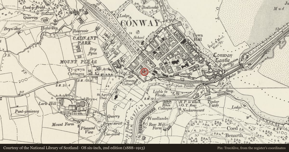 Ordnance Survey six-inch map, 2nd edition (1888–1913) covering the location of 4 Rosemary Lane, Conwy, with a pin at the register's coordinates