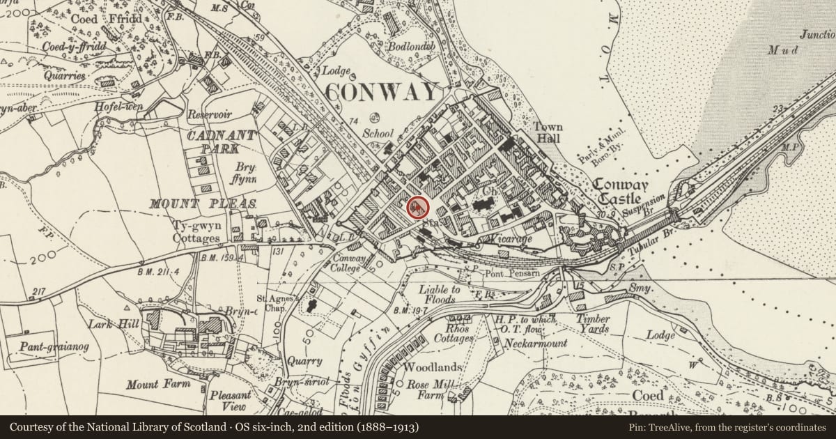 Ordnance Survey six-inch map, 2nd edition (1888–1913) covering the location of House and New Choice, Conwy, with a pin at the register's coordinates