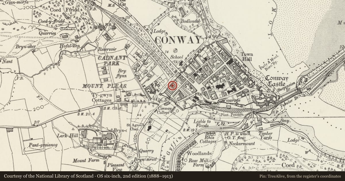 Ordnance Survey six-inch map, 2nd edition (1888–1913) covering the location of 5 Newboro Terrace, Conwy, with a pin at the register's coordinates
