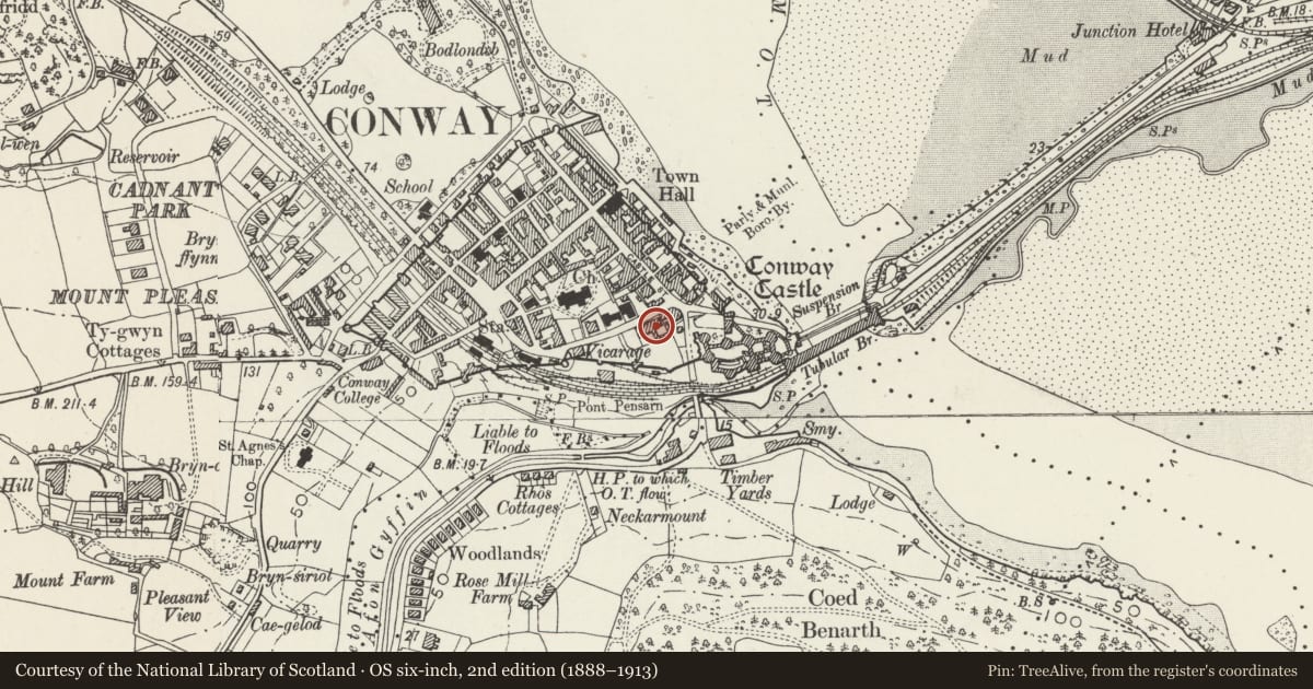 Ordnance Survey six-inch map, 2nd edition (1888–1913) covering the location of Isgraig (Christopher Gash Dental Surgery), Conwy, with a pin at the register's coordinates