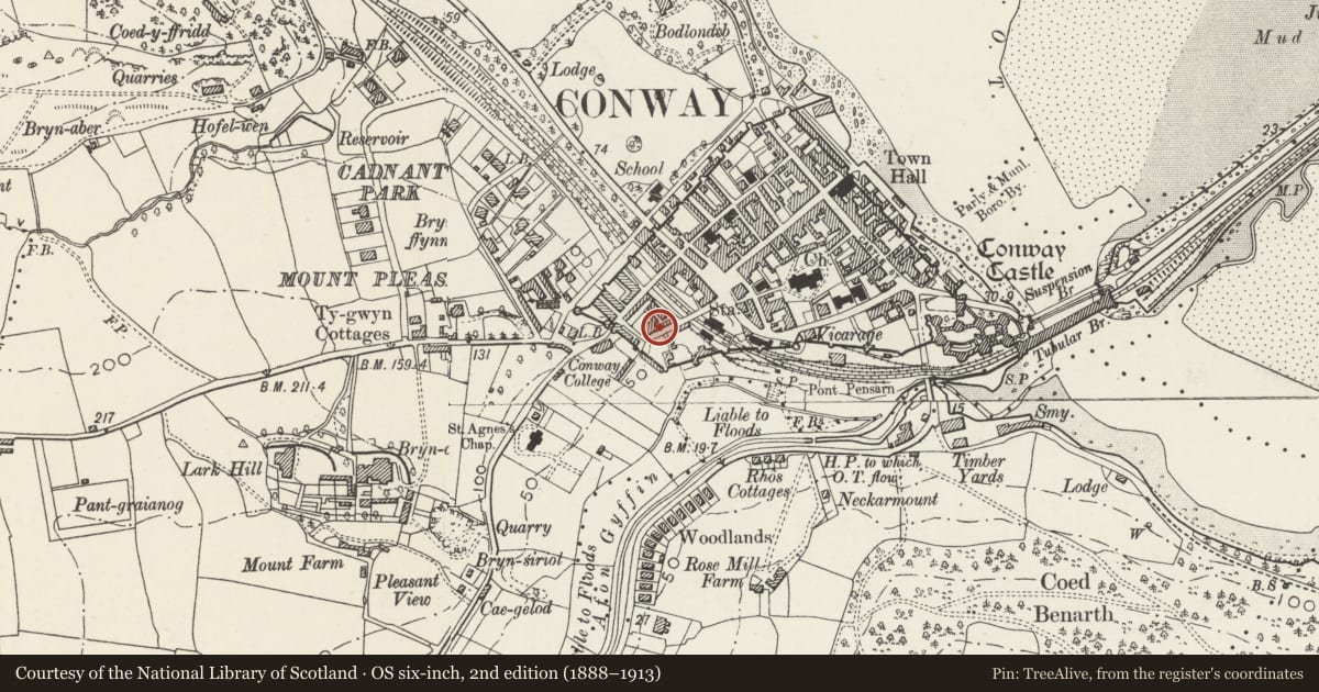 Ordnance Survey six-inch map, 2nd edition (1888–1913) covering the location of 5 Rosemary Lane, Conwy, with a pin at the register's coordinates